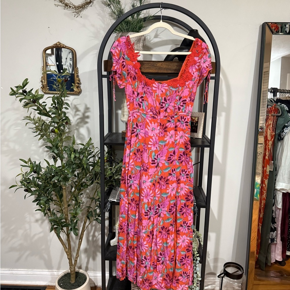Free People Floral Midi Dress Pink Orange Lace Trim Small - Picture 3 of 13